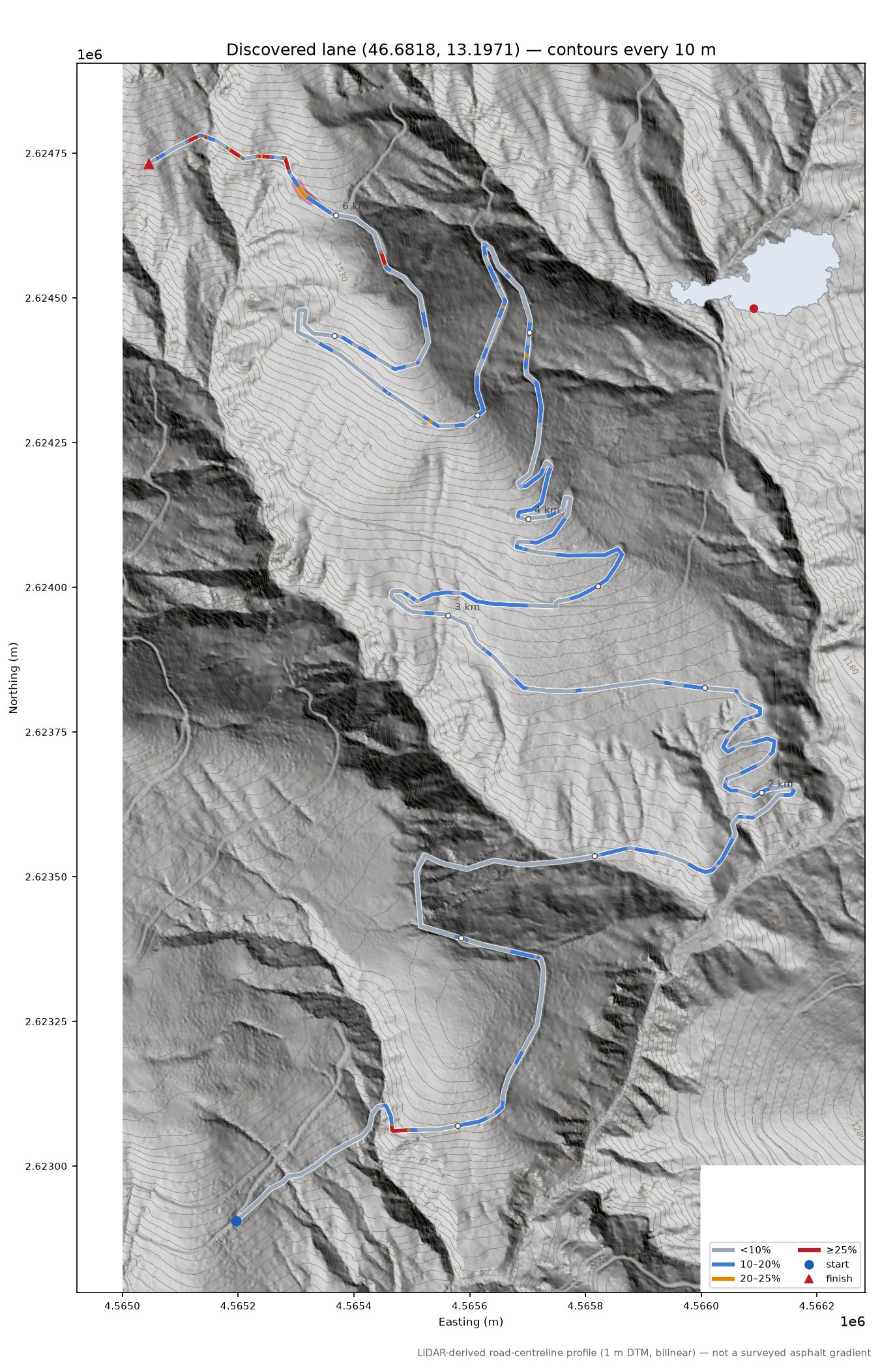 Discovered lane (46.6818, 13.1971) LiDAR hillshade map with contours