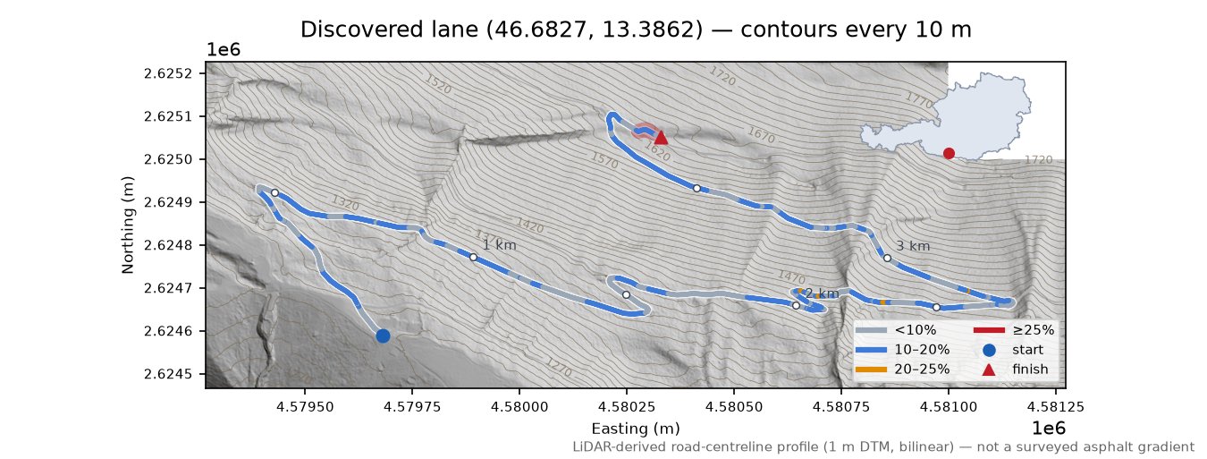 Discovered lane (46.6827, 13.3862) LiDAR hillshade map with contours