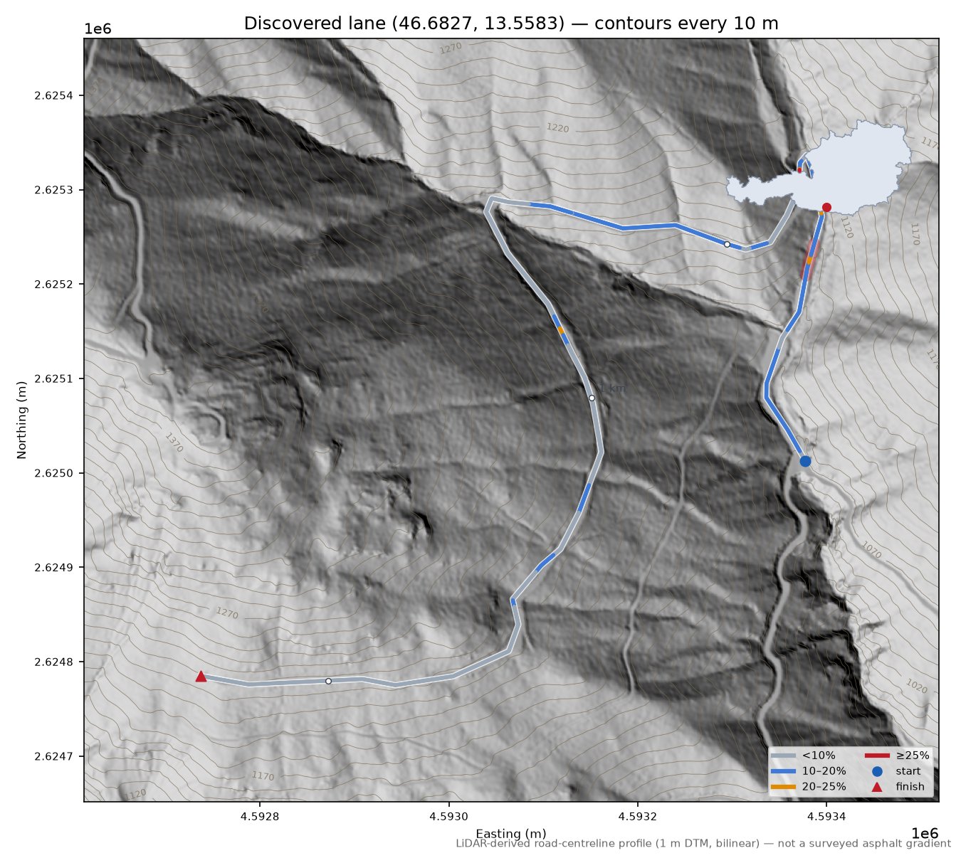 Discovered lane (46.6827, 13.5583) LiDAR hillshade map with contours