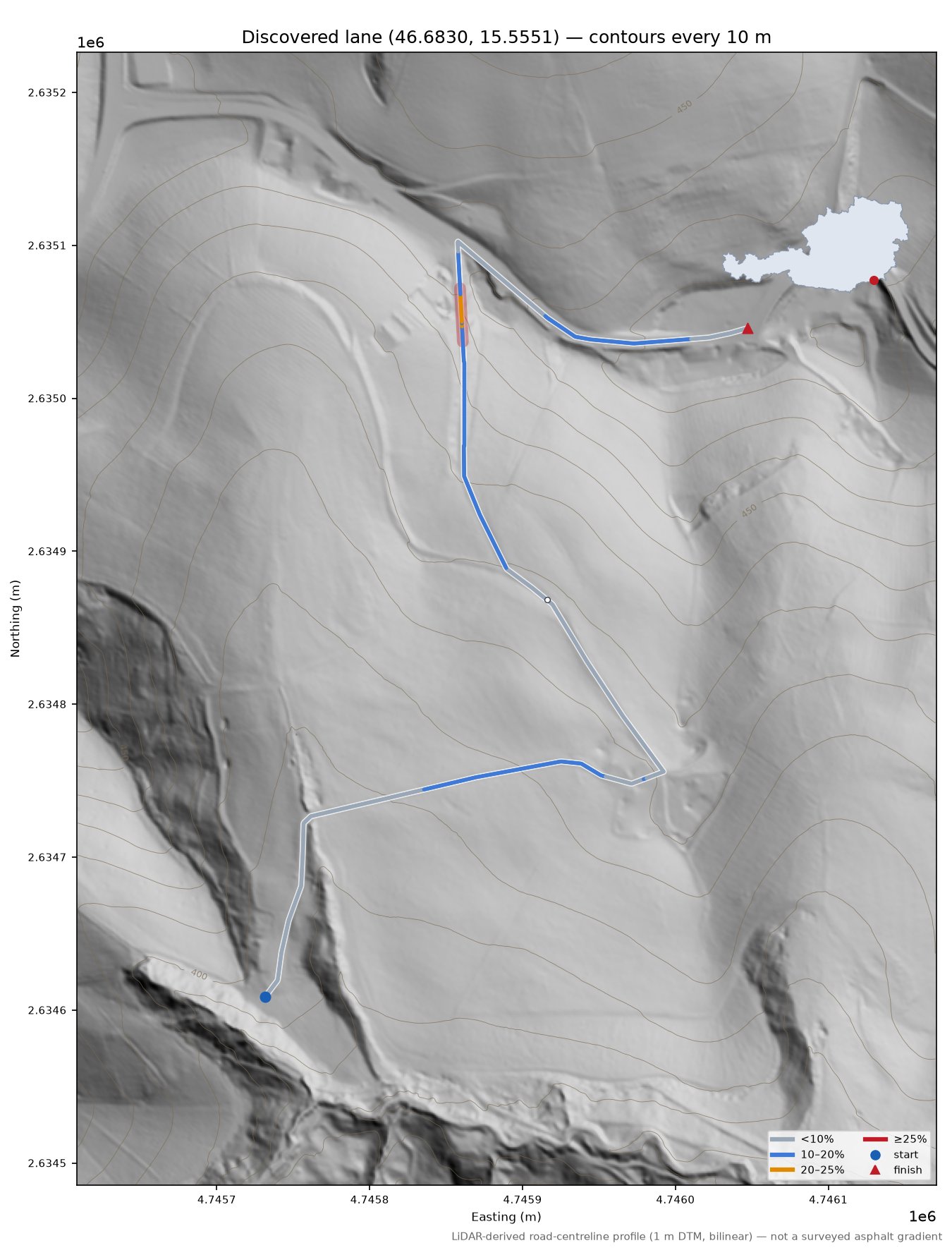 Discovered lane (46.6830, 15.5551) LiDAR hillshade map with contours