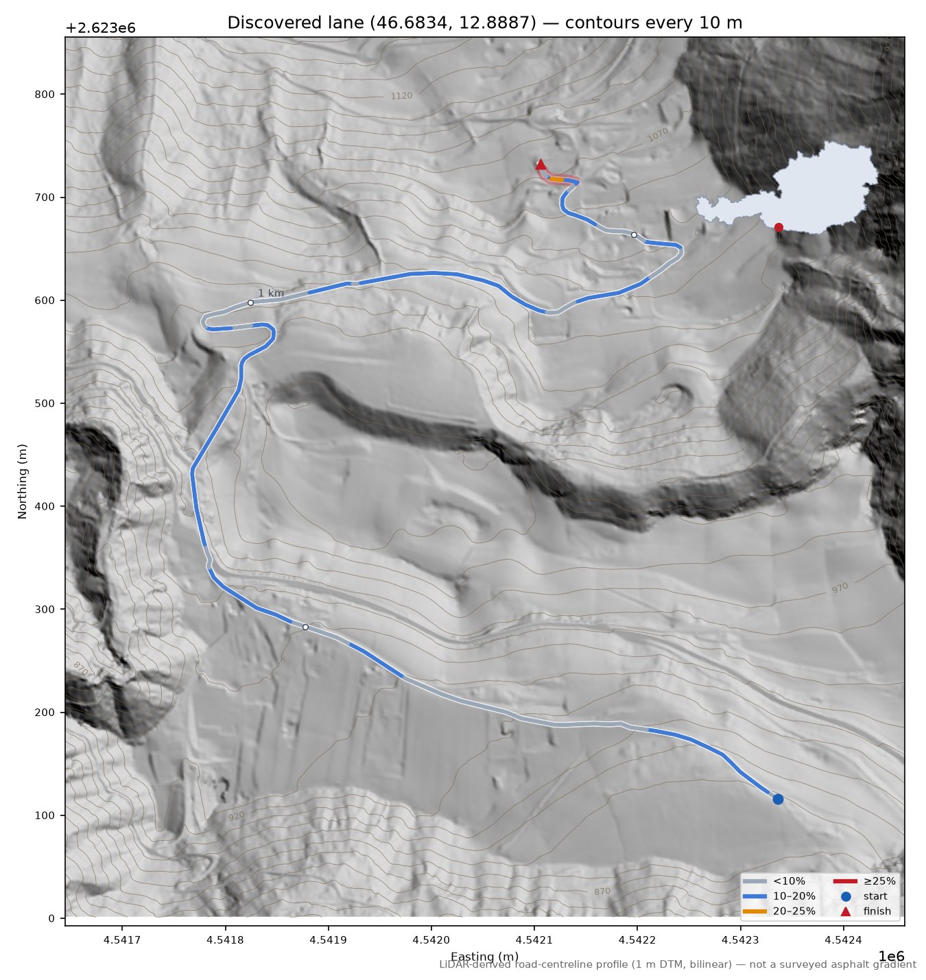 Discovered lane (46.6834, 12.8887) LiDAR hillshade map with contours