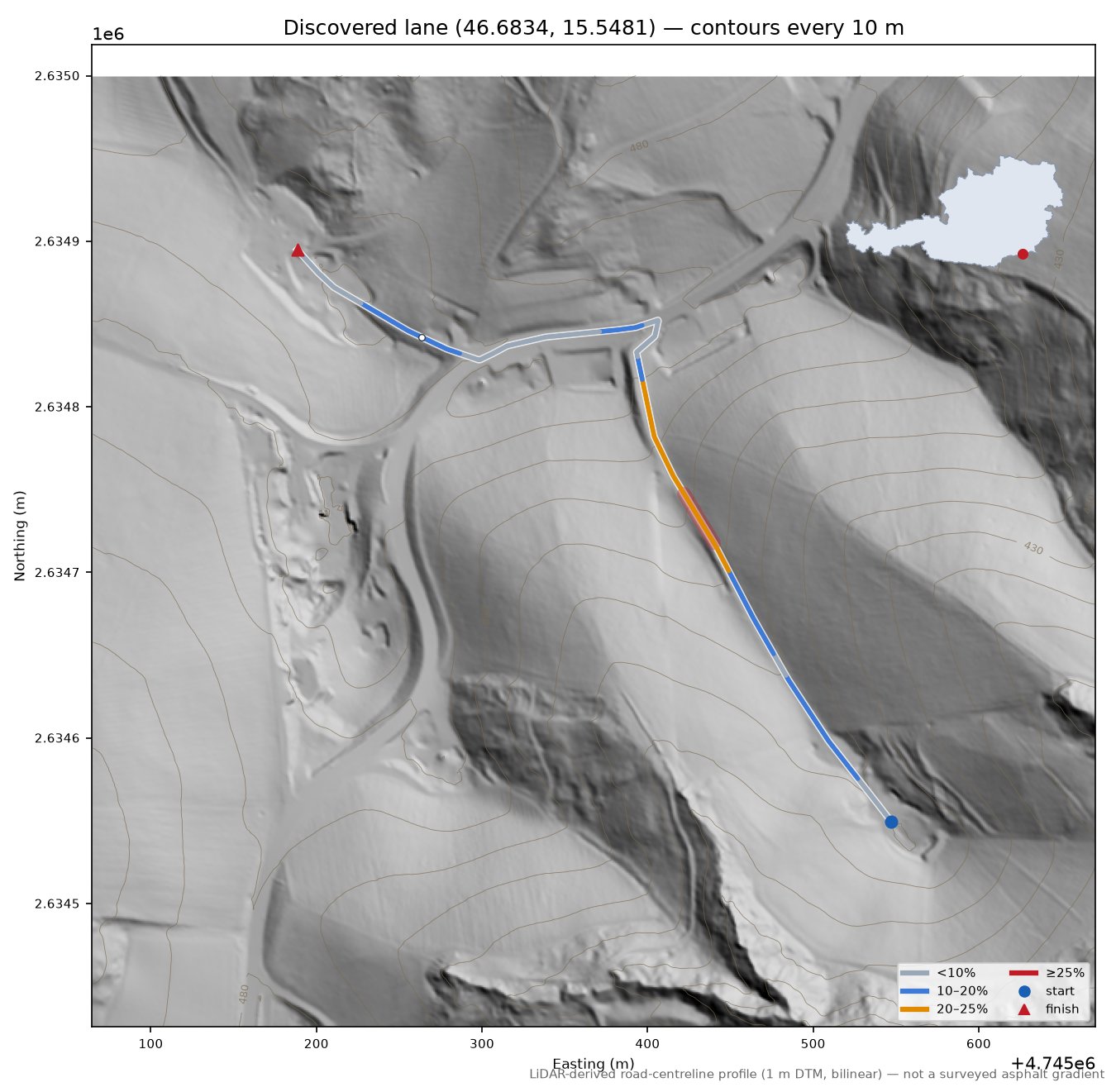 Discovered lane (46.6834, 15.5481) LiDAR hillshade map with contours