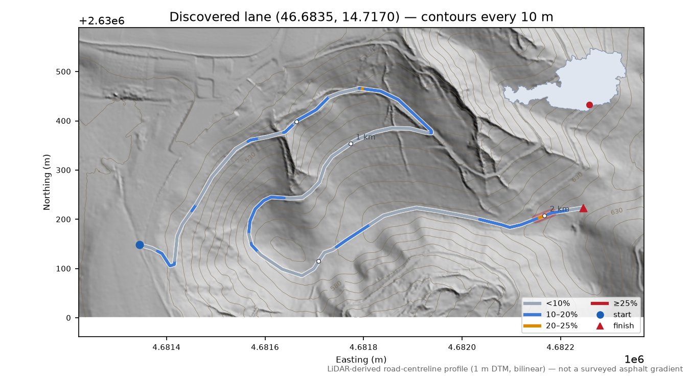 Discovered lane (46.6835, 14.7170) LiDAR hillshade map with contours