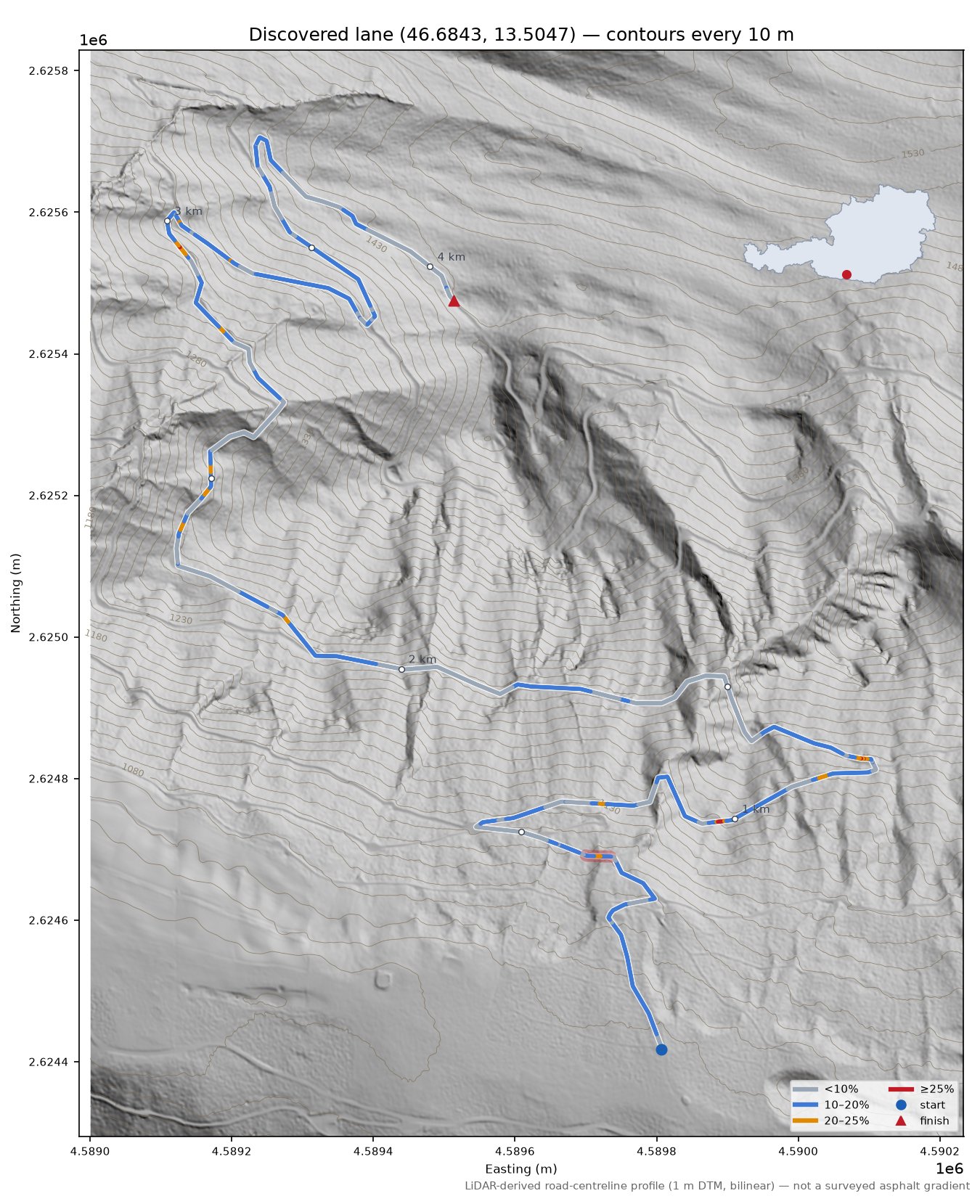 Discovered lane (46.6843, 13.5047) LiDAR hillshade map with contours