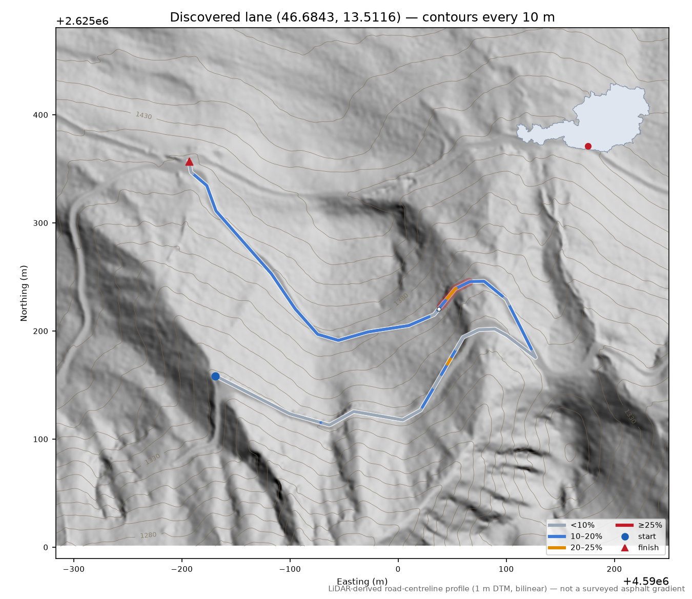 Discovered lane (46.6843, 13.5116) LiDAR hillshade map with contours