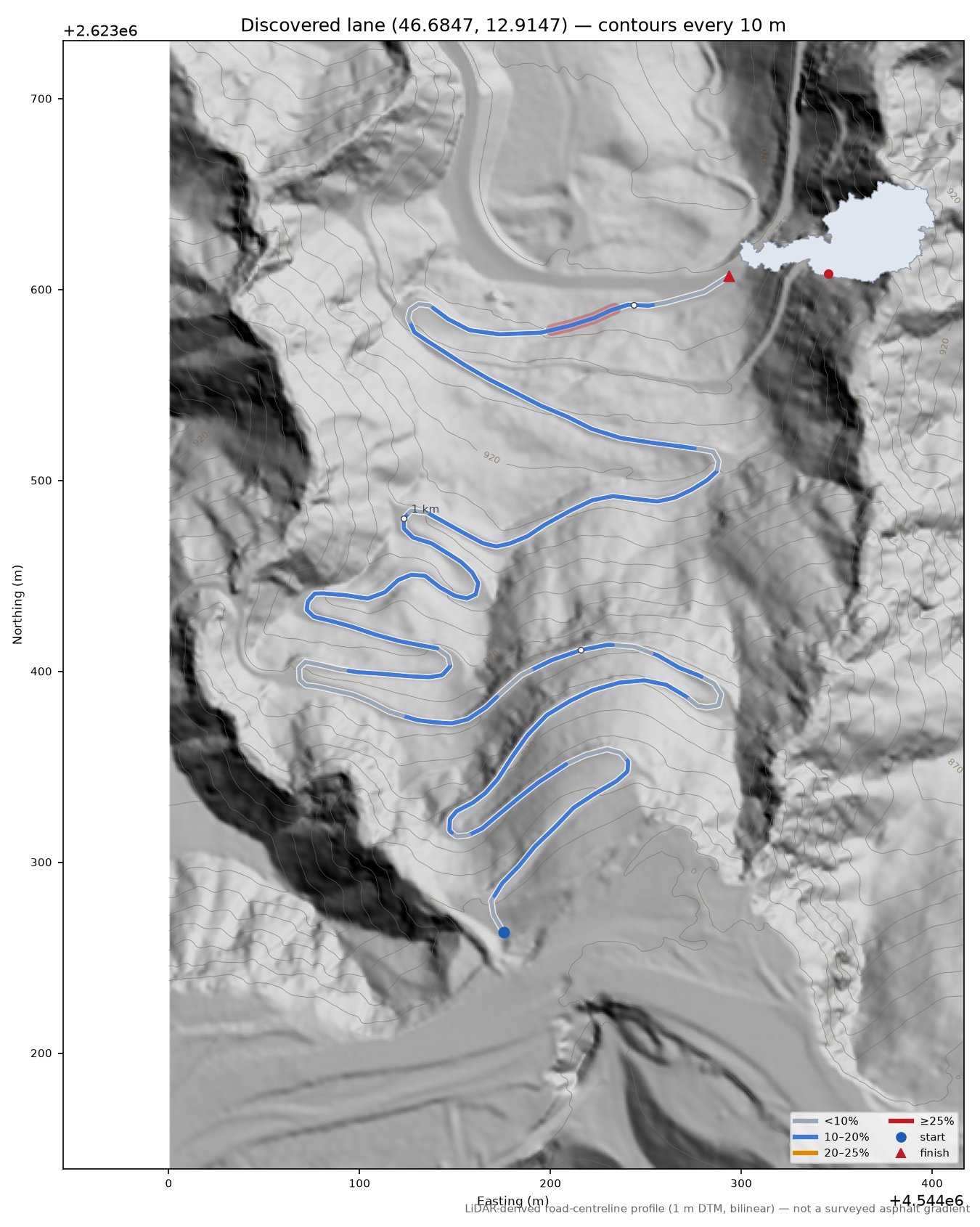 Discovered lane (46.6847, 12.9147) LiDAR hillshade map with contours