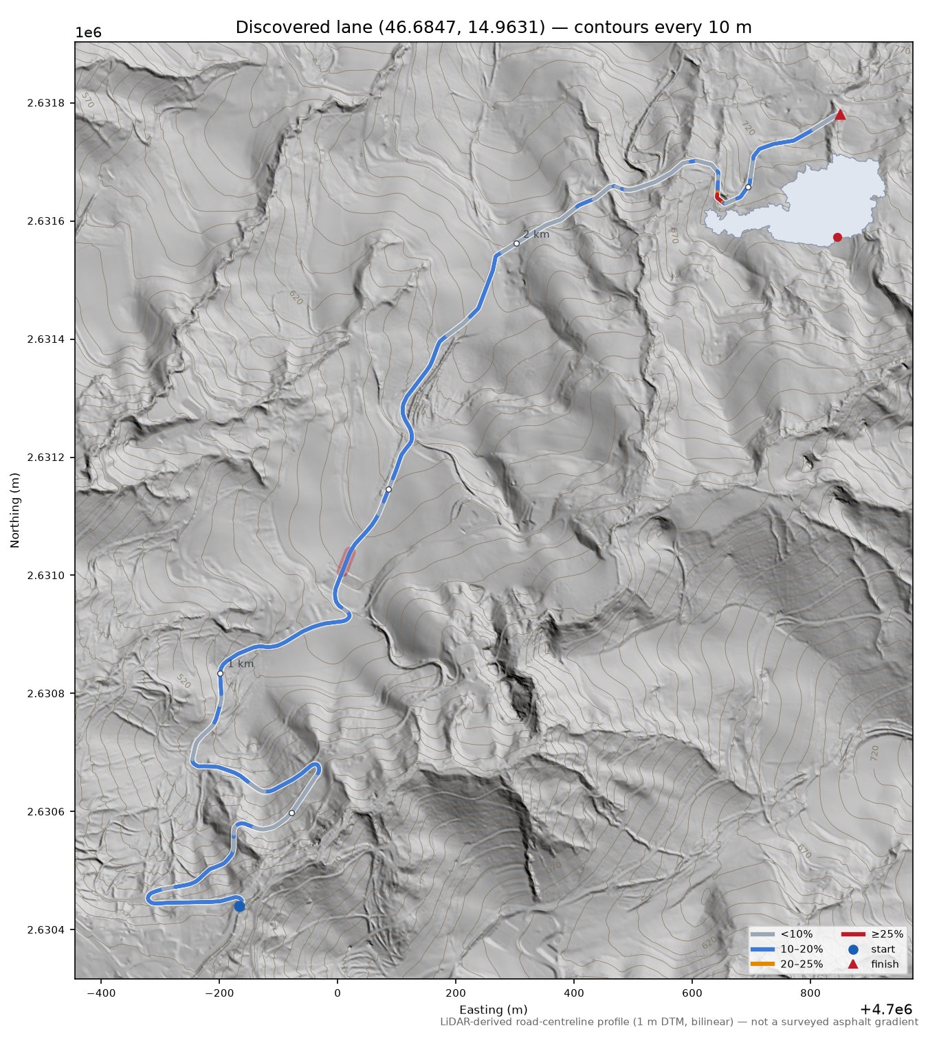 Discovered lane (46.6847, 14.9631) LiDAR hillshade map with contours
