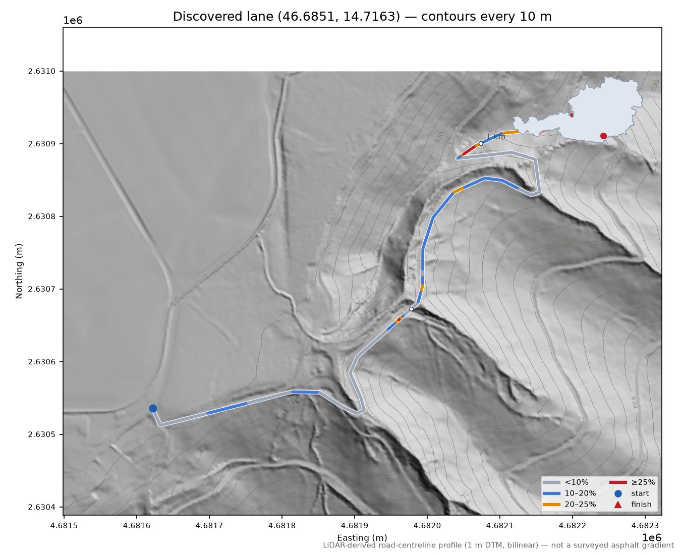 Discovered lane (46.6851, 14.7163) LiDAR hillshade map with contours