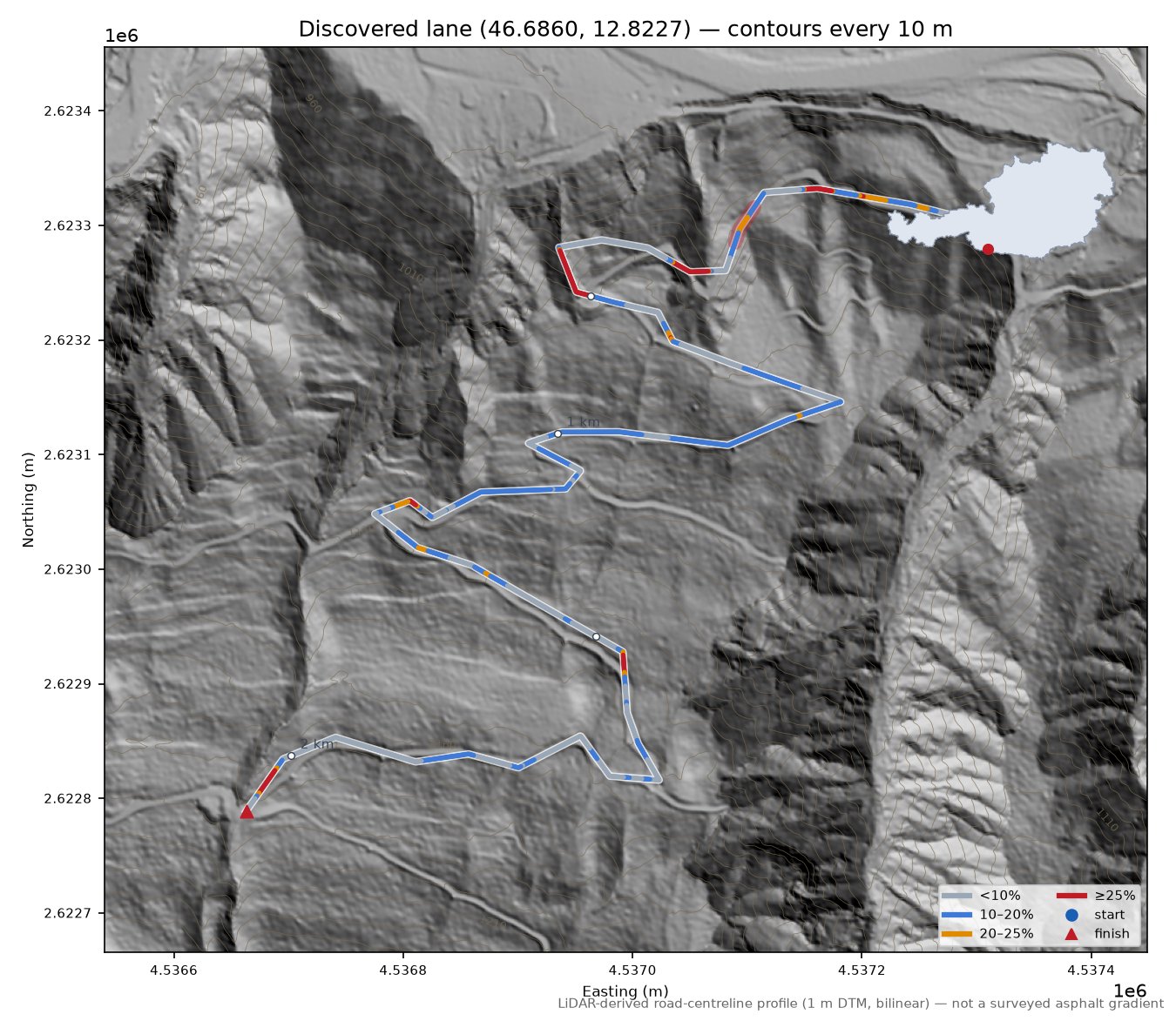 Discovered lane (46.6860, 12.8227) LiDAR hillshade map with contours