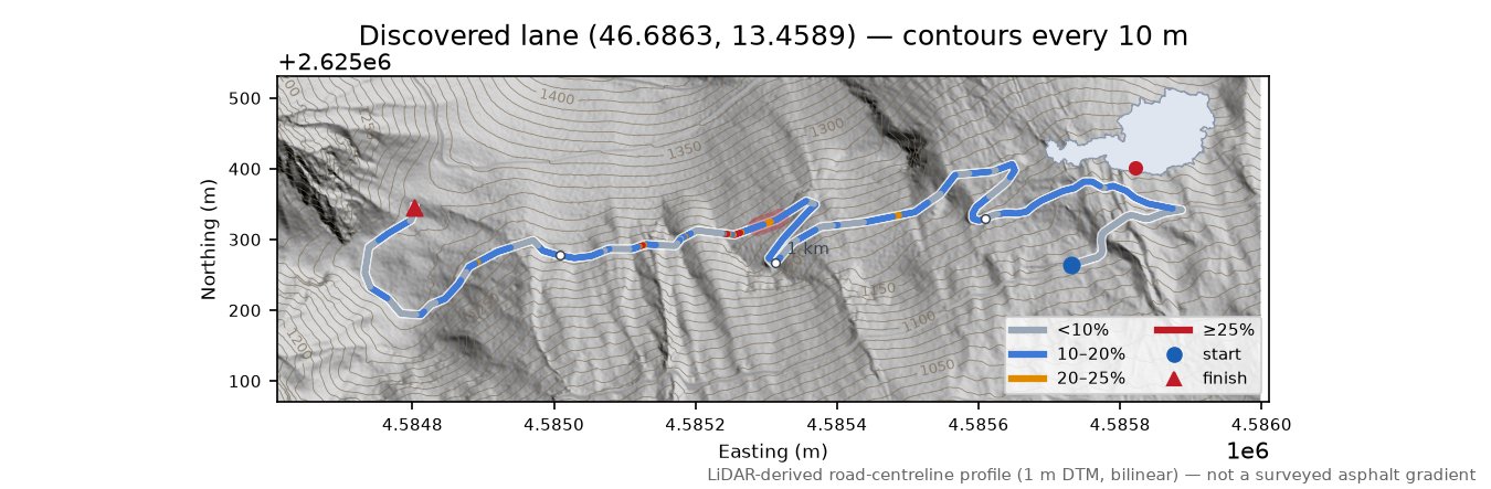 Discovered lane (46.6863, 13.4589) LiDAR hillshade map with contours