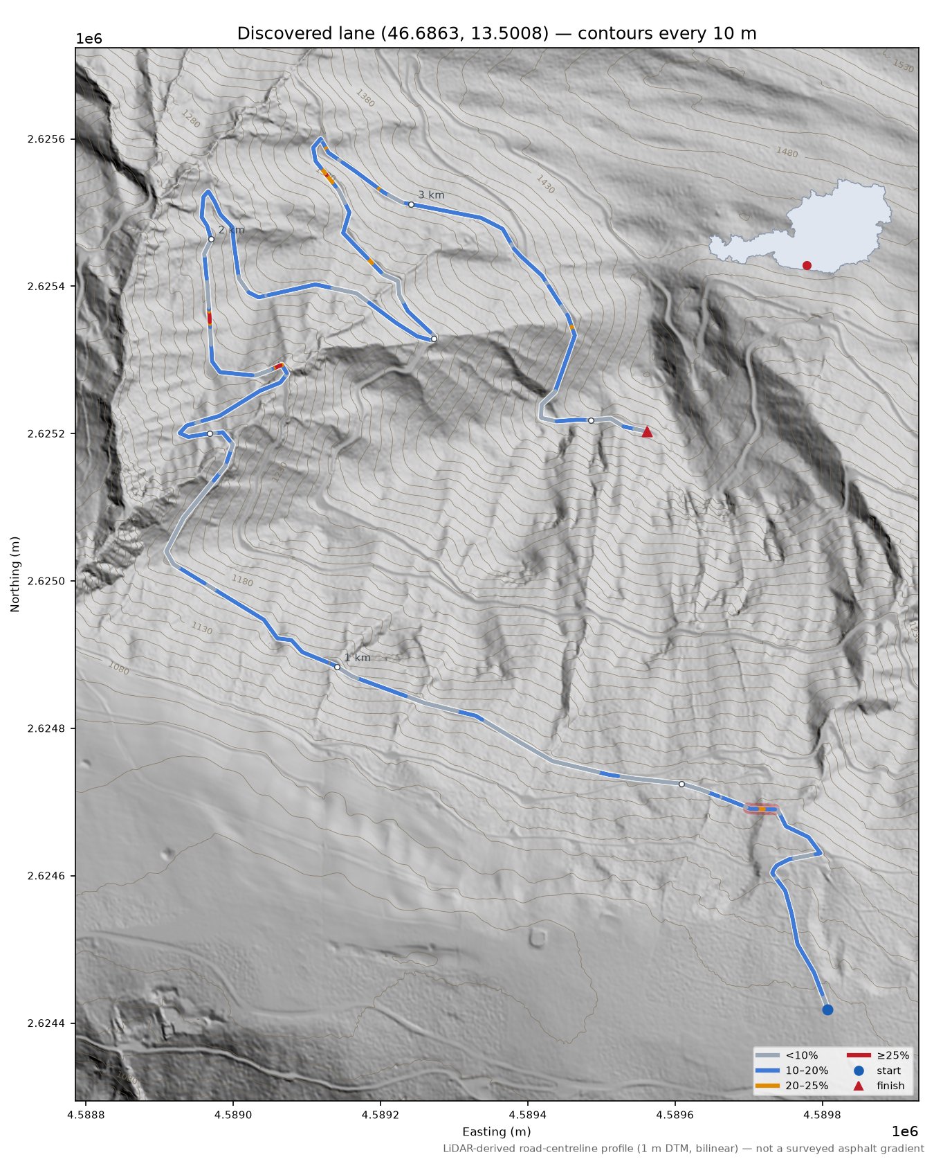 Discovered lane (46.6863, 13.5008) LiDAR hillshade map with contours