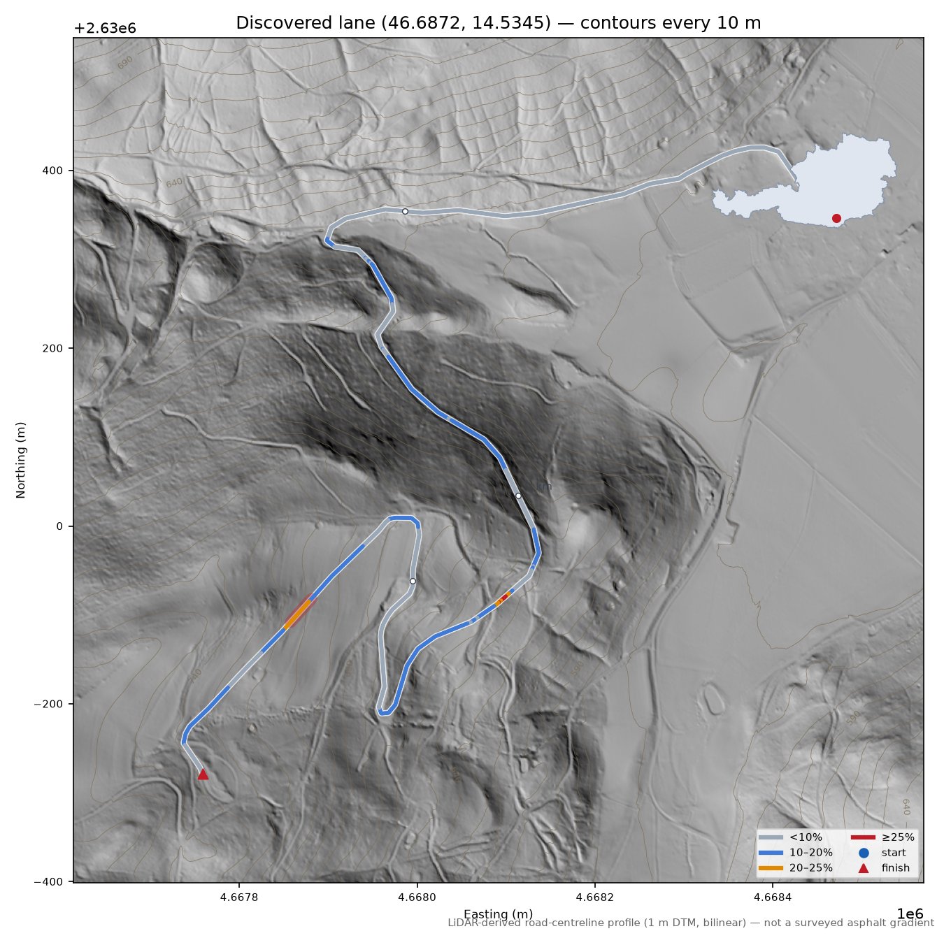 Discovered lane (46.6872, 14.5345) LiDAR hillshade map with contours