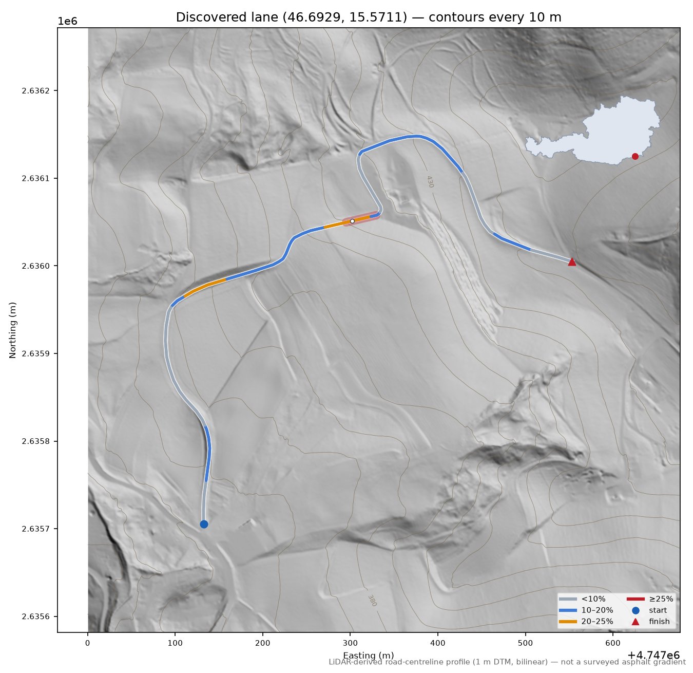 Discovered lane (46.6929, 15.5711) LiDAR hillshade map with contours