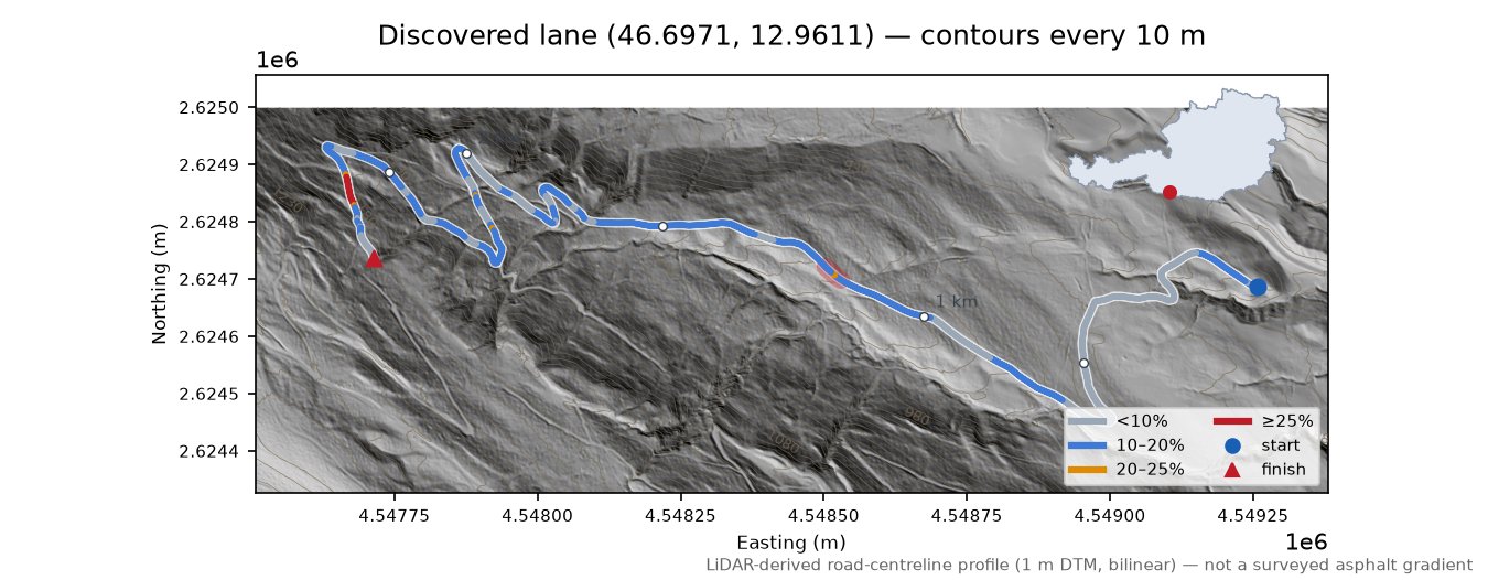 Discovered lane (46.6971, 12.9611) LiDAR hillshade map with contours