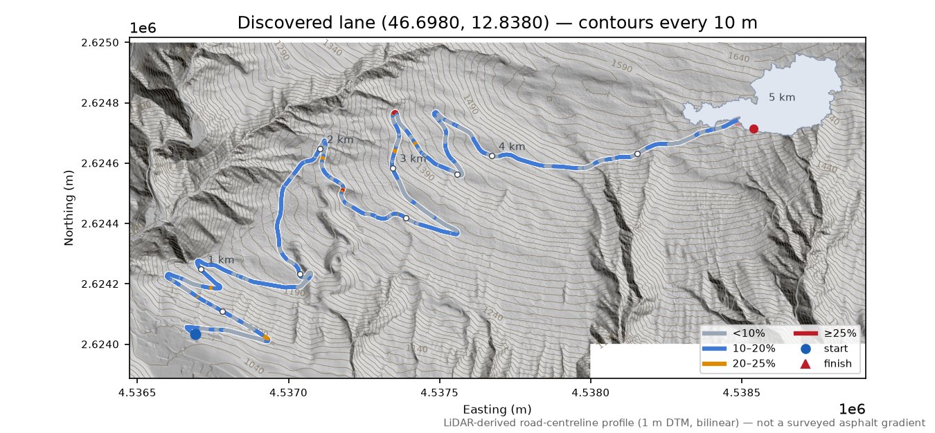 Discovered lane (46.6980, 12.8380) LiDAR hillshade map with contours