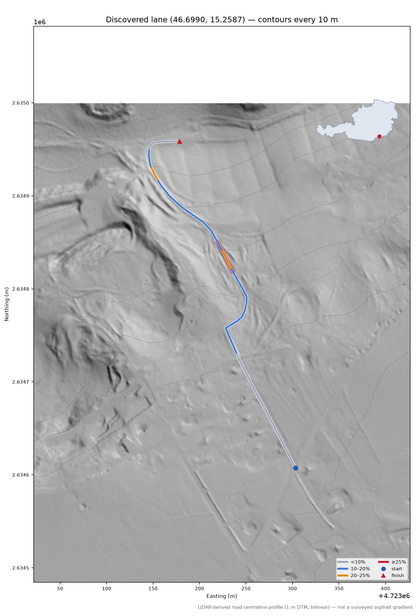 Discovered lane (46.6990, 15.2587) LiDAR hillshade map with contours