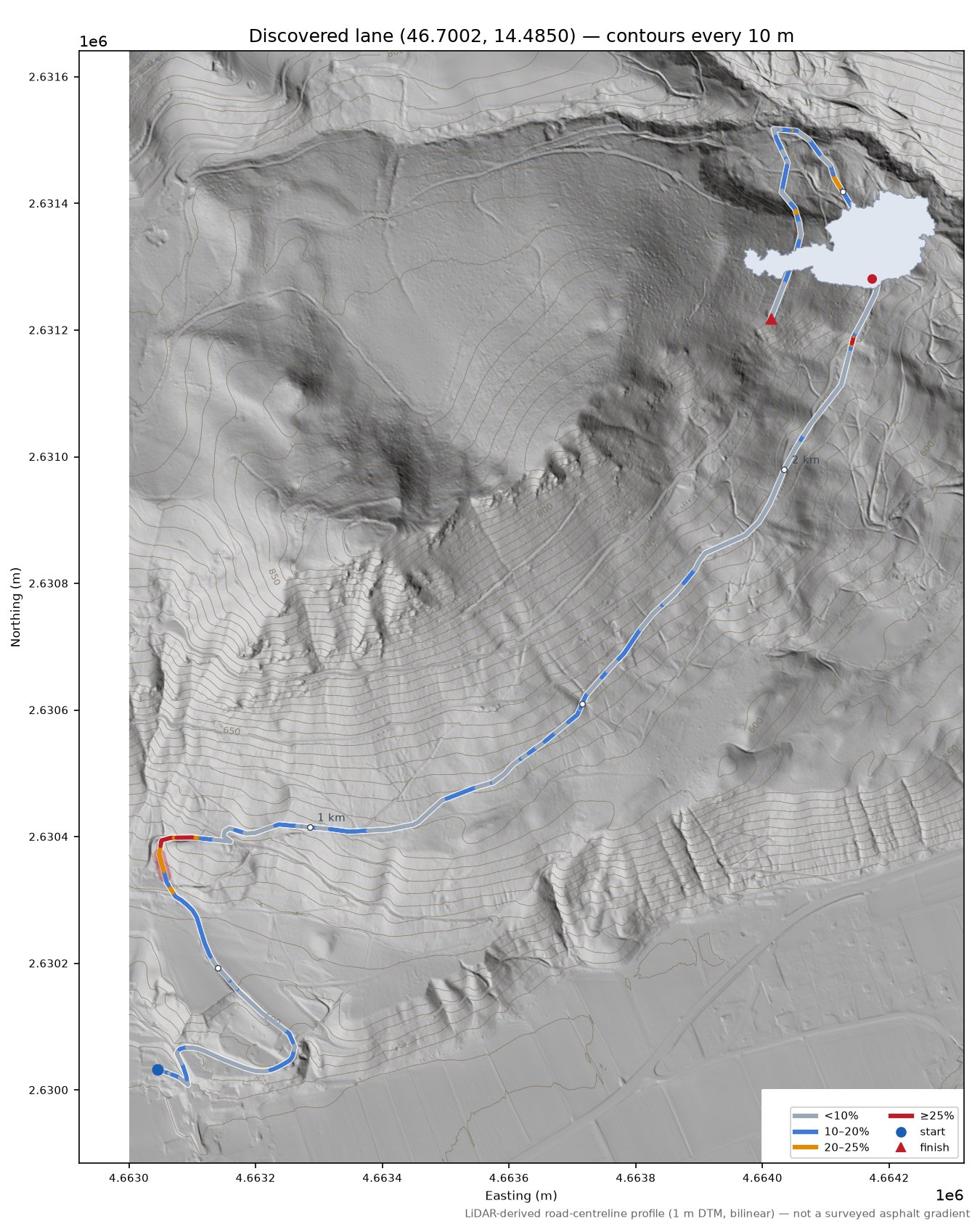 Discovered lane (46.7002, 14.4850) LiDAR hillshade map with contours