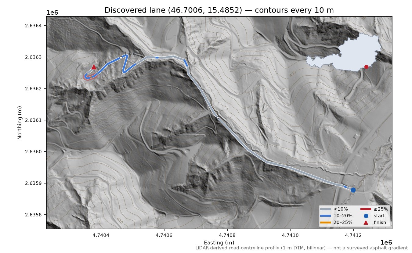 Discovered lane (46.7006, 15.4852) LiDAR hillshade map with contours