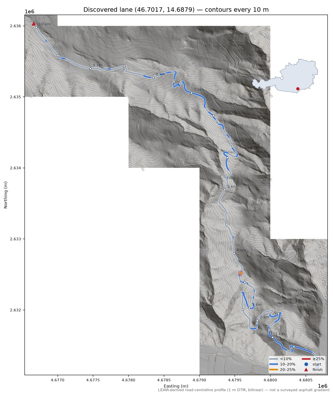 Discovered lane (46.7017, 14.6879) LiDAR hillshade map with contours
