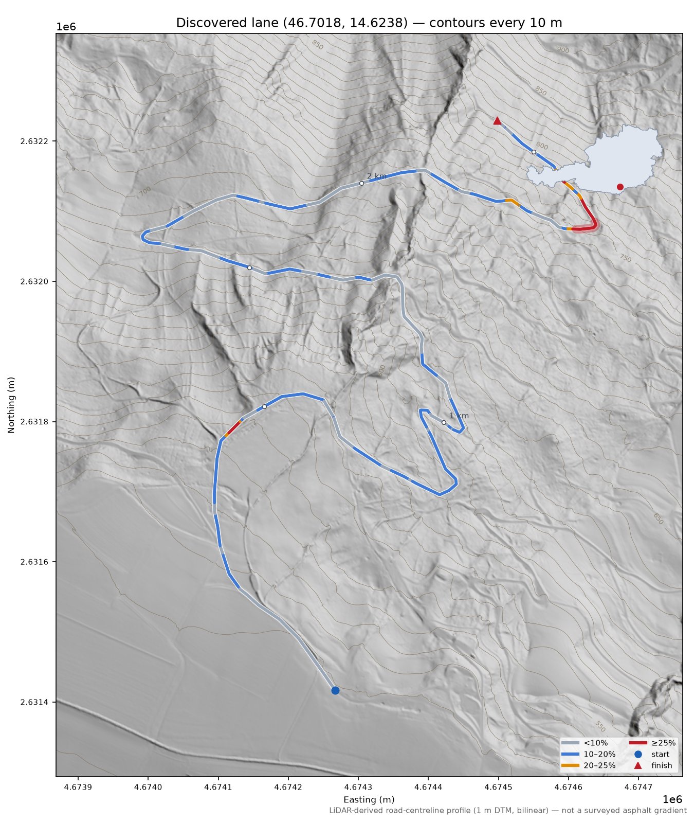 Discovered lane (46.7018, 14.6238) LiDAR hillshade map with contours