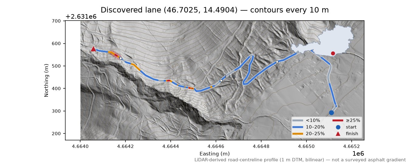 Discovered lane (46.7025, 14.4904) LiDAR hillshade map with contours