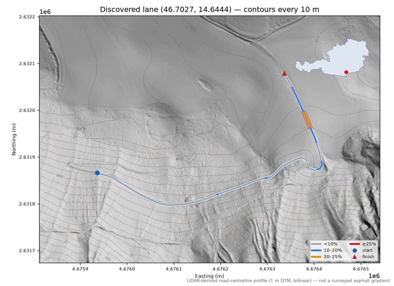 Discovered lane (46.7027, 14.6444) LiDAR hillshade map with contours