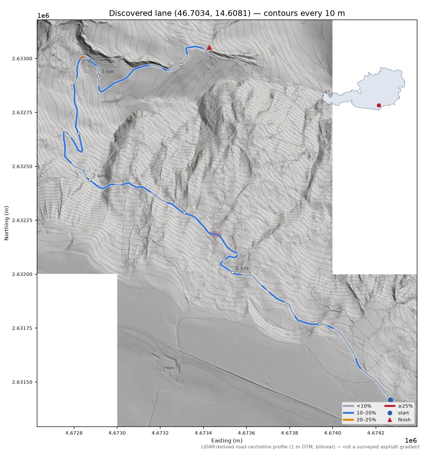 Discovered lane (46.7034, 14.6081) LiDAR hillshade map with contours