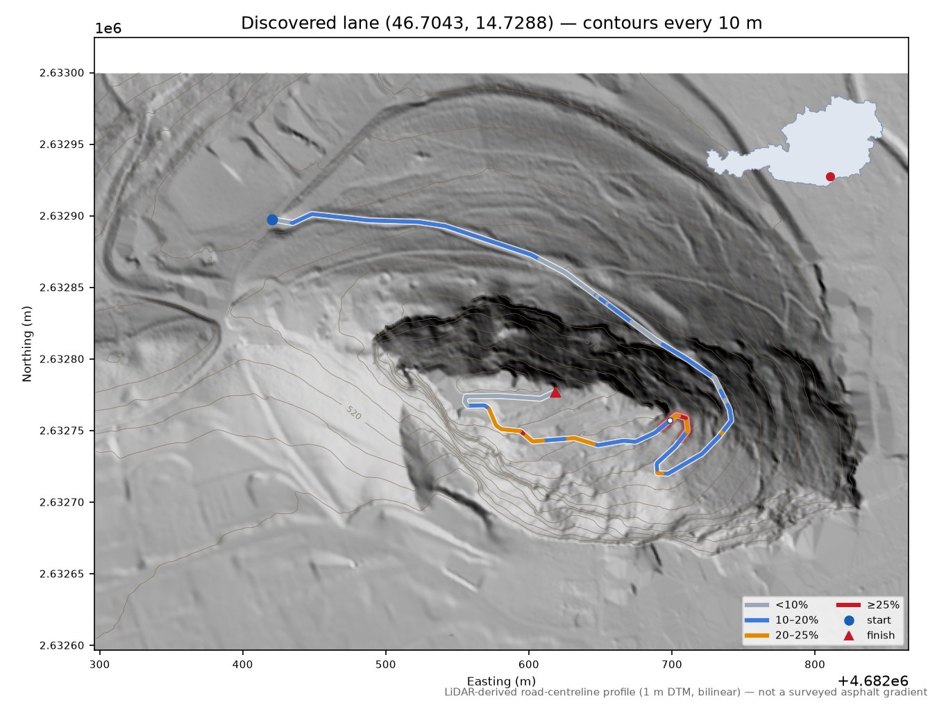 Discovered lane (46.7043, 14.7288) LiDAR hillshade map with contours