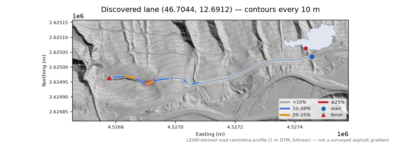 Discovered lane (46.7044, 12.6912) LiDAR hillshade map with contours