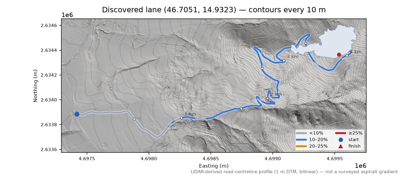 Discovered lane (46.7051, 14.9323) LiDAR hillshade map with contours