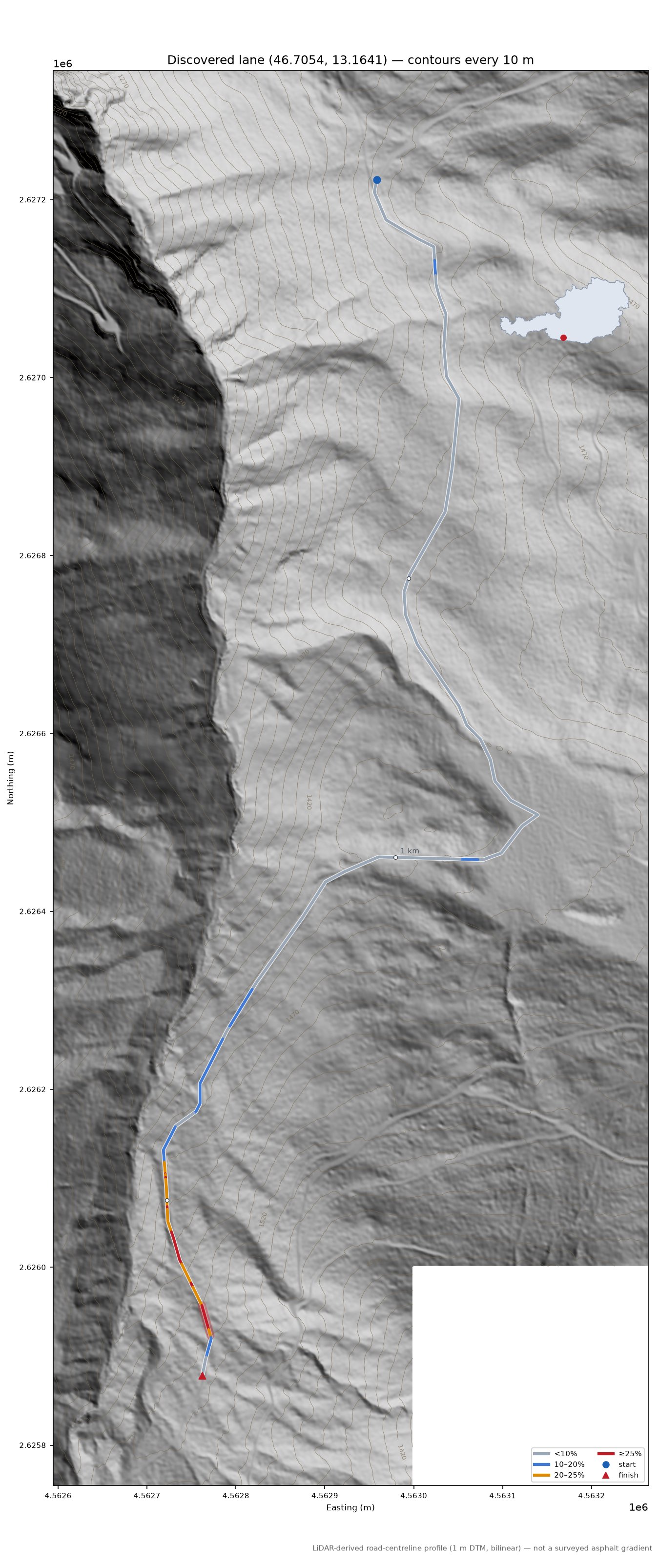 Discovered lane (46.7054, 13.1641) LiDAR hillshade map with contours