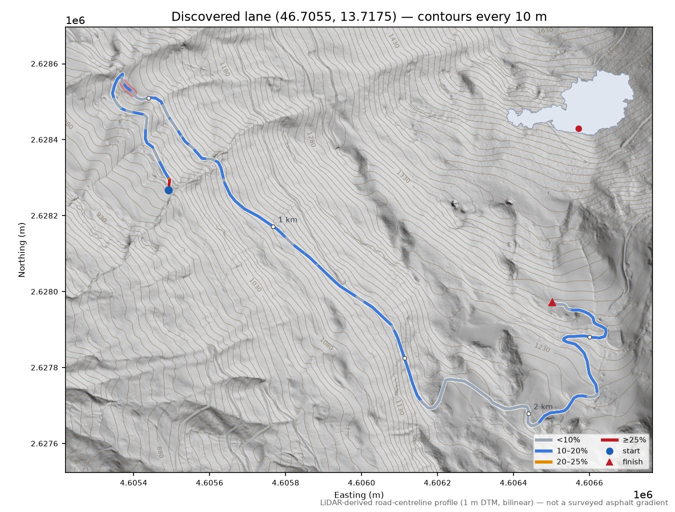 Discovered lane (46.7055, 13.7175) LiDAR hillshade map with contours