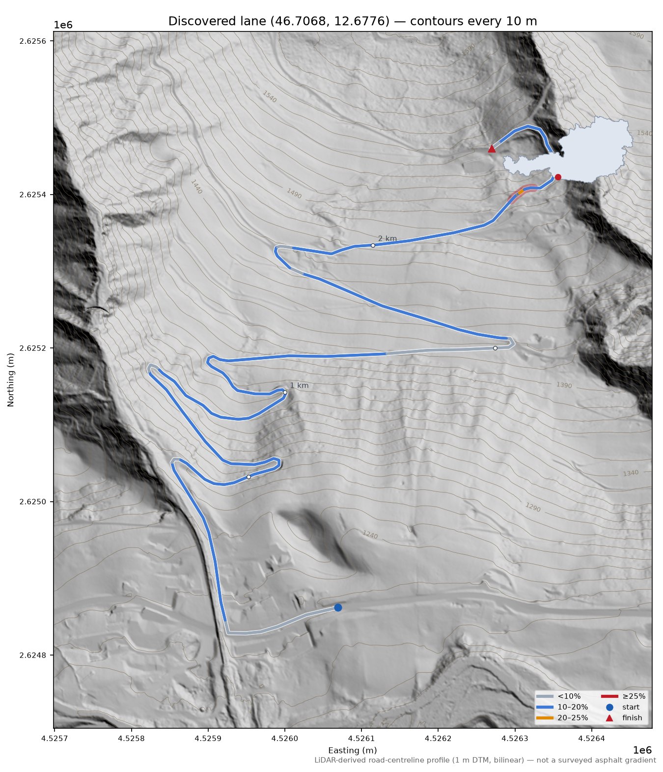 Discovered lane (46.7068, 12.6776) LiDAR hillshade map with contours