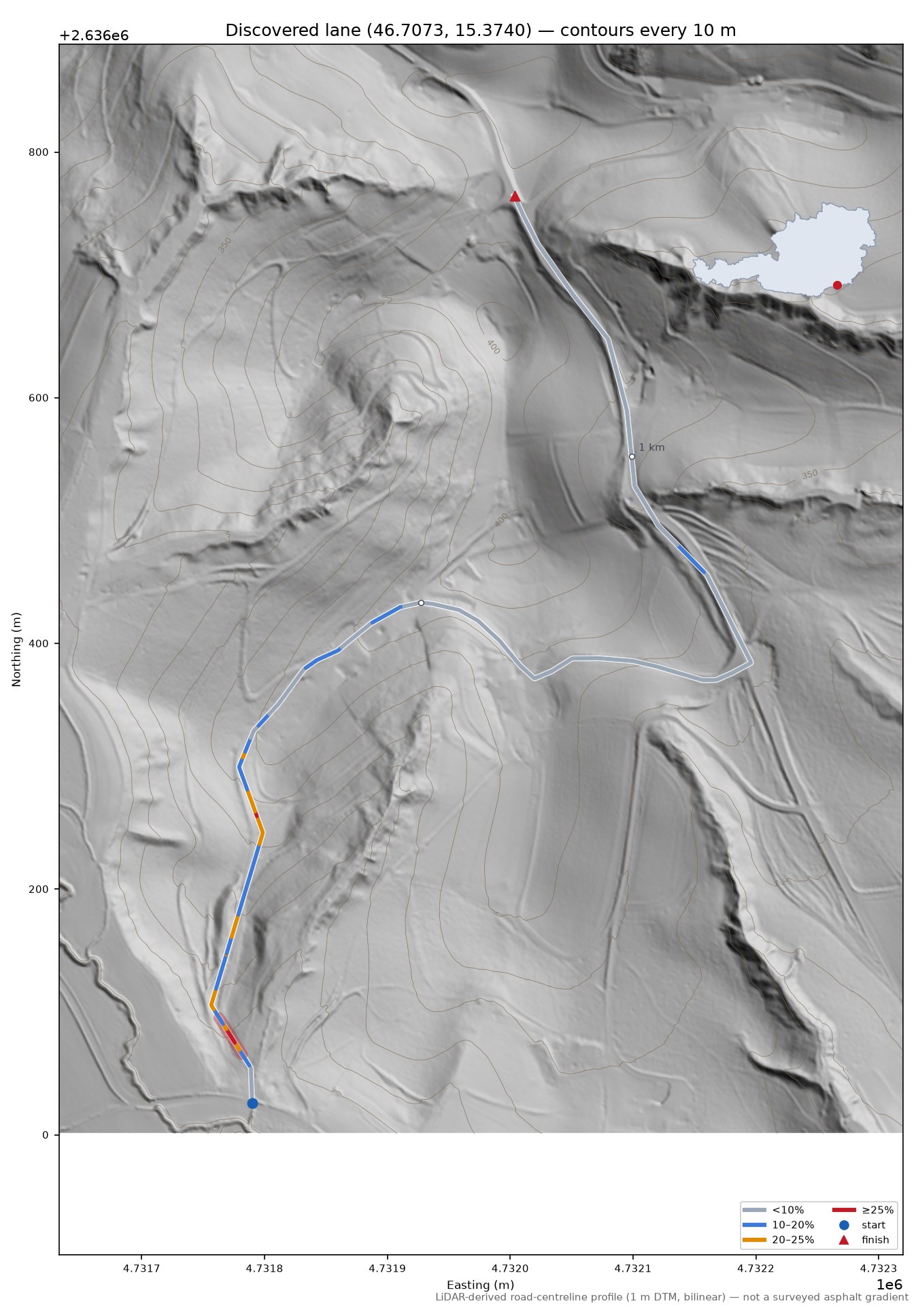 Discovered lane (46.7073, 15.3740) LiDAR hillshade map with contours