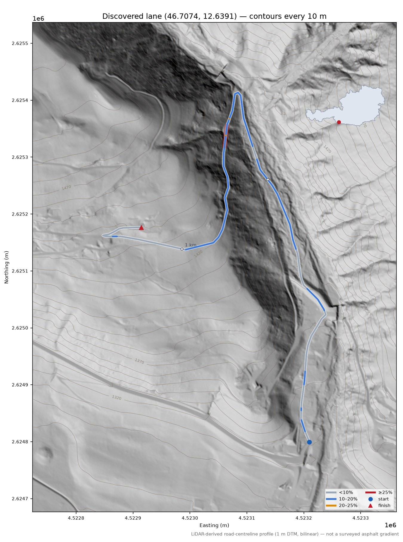 Discovered lane (46.7074, 12.6391) LiDAR hillshade map with contours