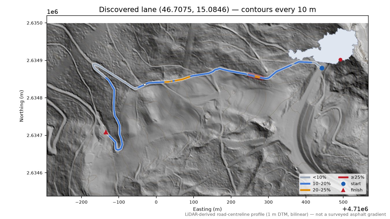Discovered lane (46.7075, 15.0846) LiDAR hillshade map with contours
