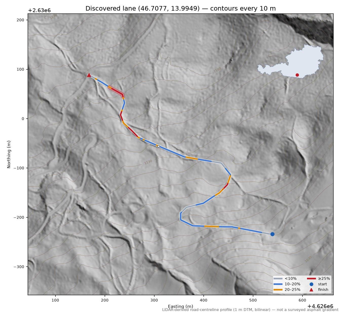 Discovered lane (46.7077, 13.9949) LiDAR hillshade map with contours