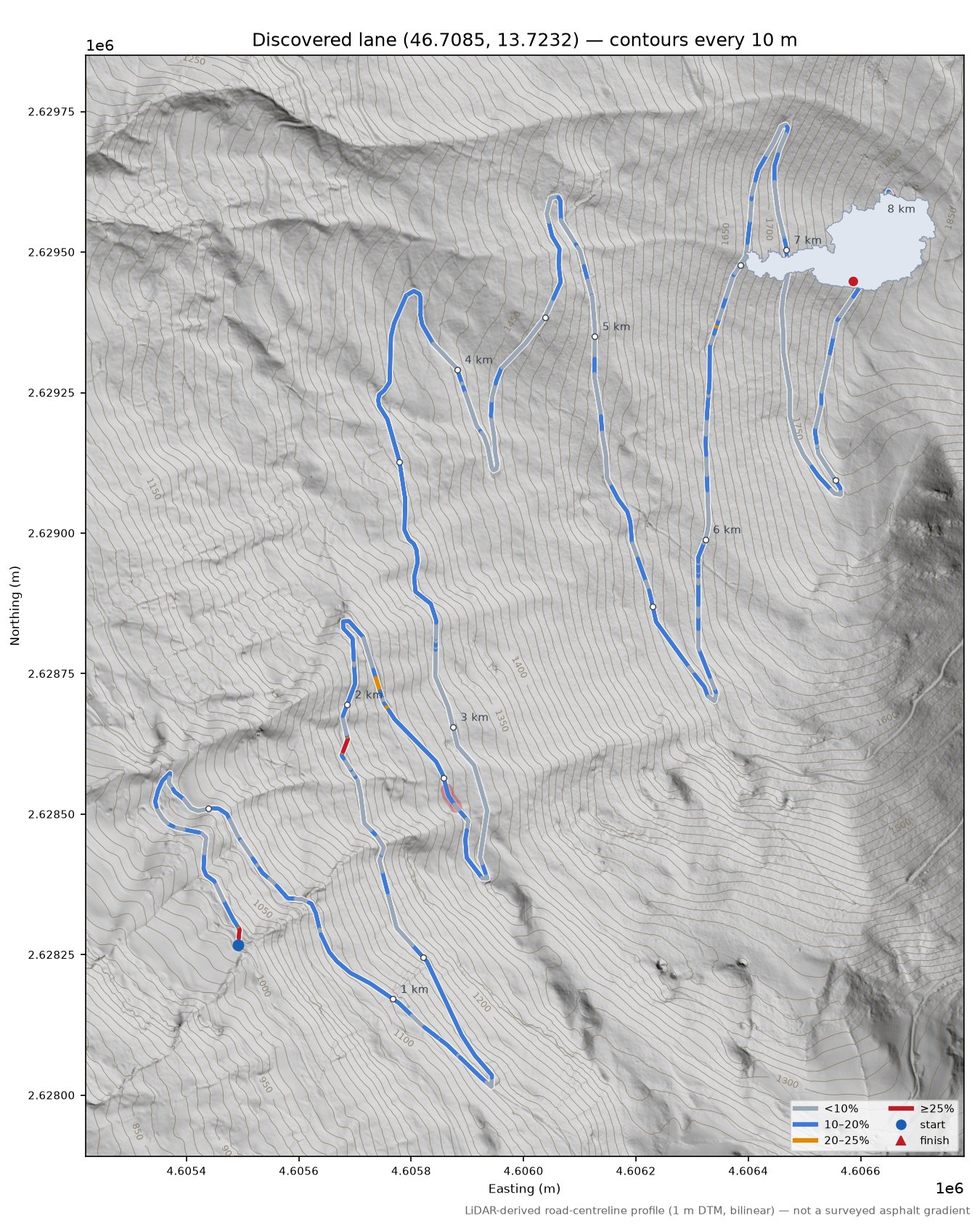 Discovered lane (46.7085, 13.7232) LiDAR hillshade map with contours