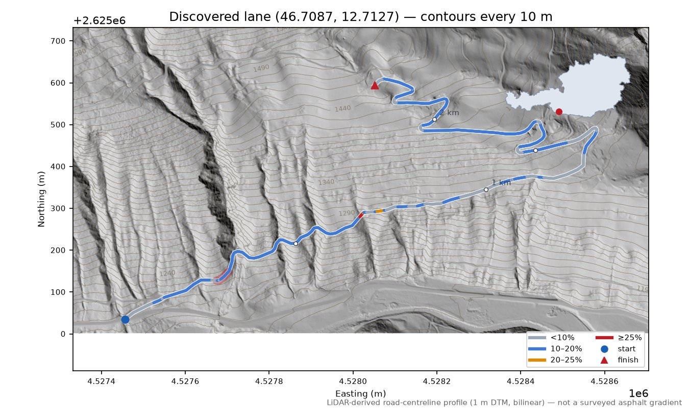 Discovered lane (46.7087, 12.7127) LiDAR hillshade map with contours