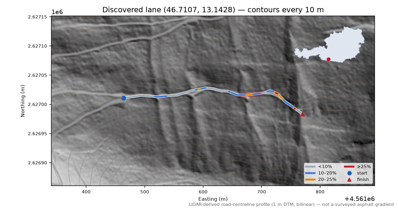 Discovered lane (46.7107, 13.1428) LiDAR hillshade map with contours