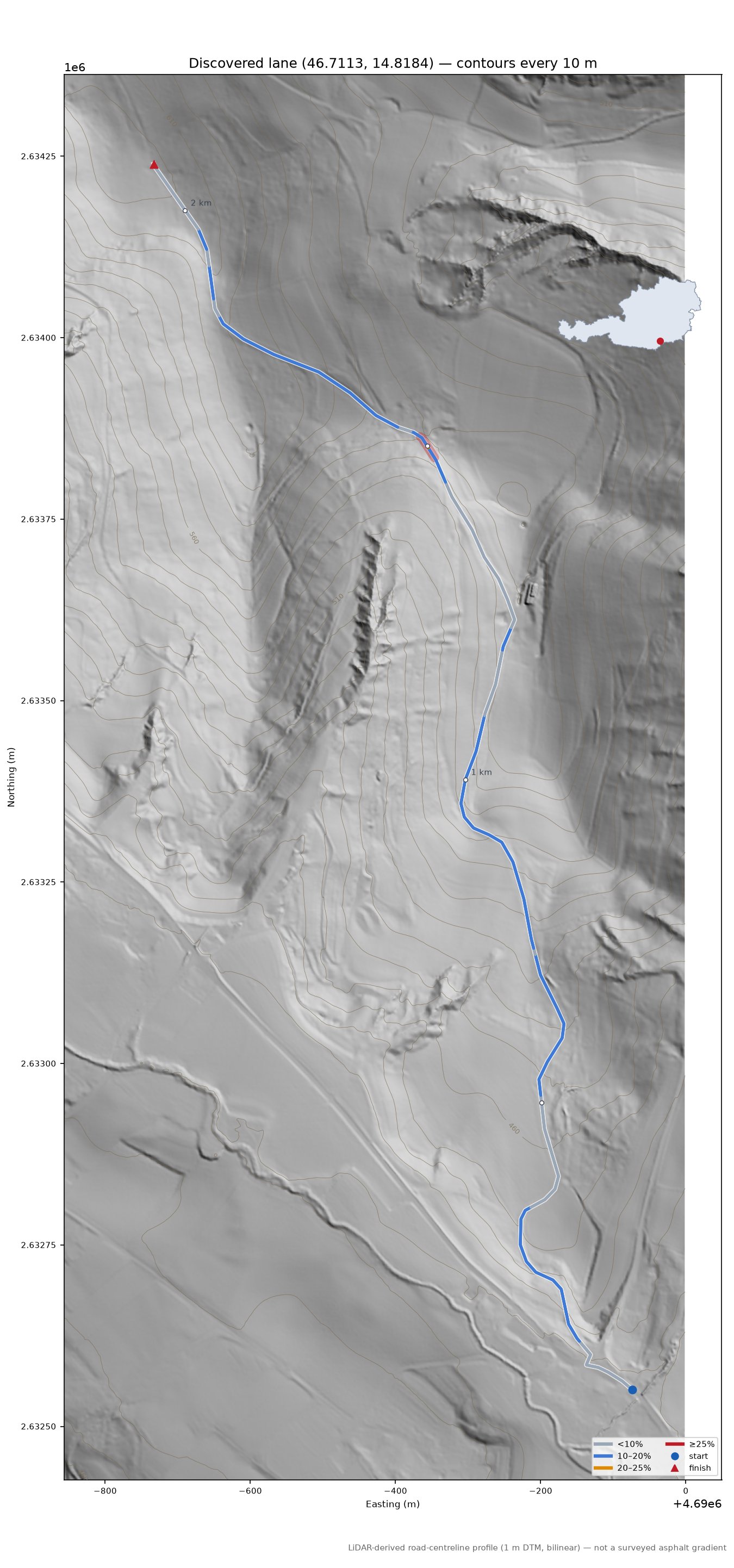 Discovered lane (46.7113, 14.8184) LiDAR hillshade map with contours