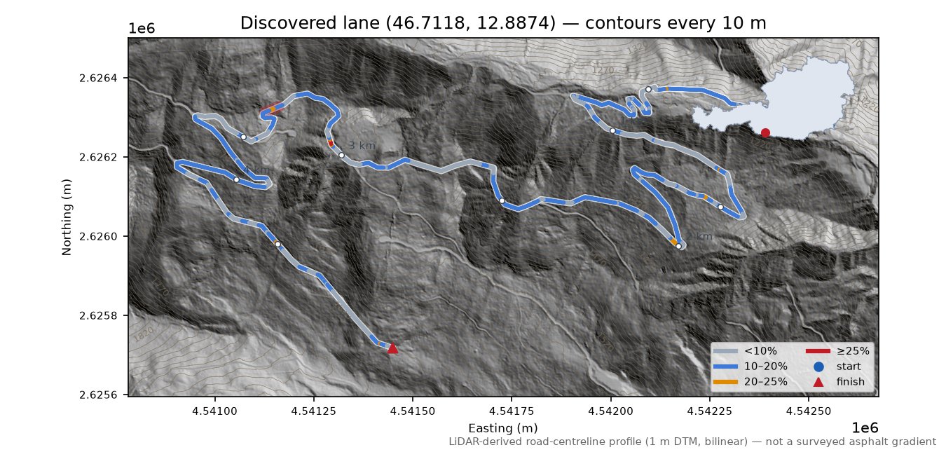 Discovered lane (46.7118, 12.8874) LiDAR hillshade map with contours
