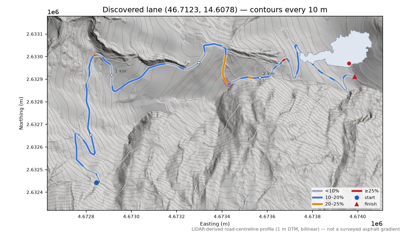 Discovered lane (46.7123, 14.6078) LiDAR hillshade map with contours