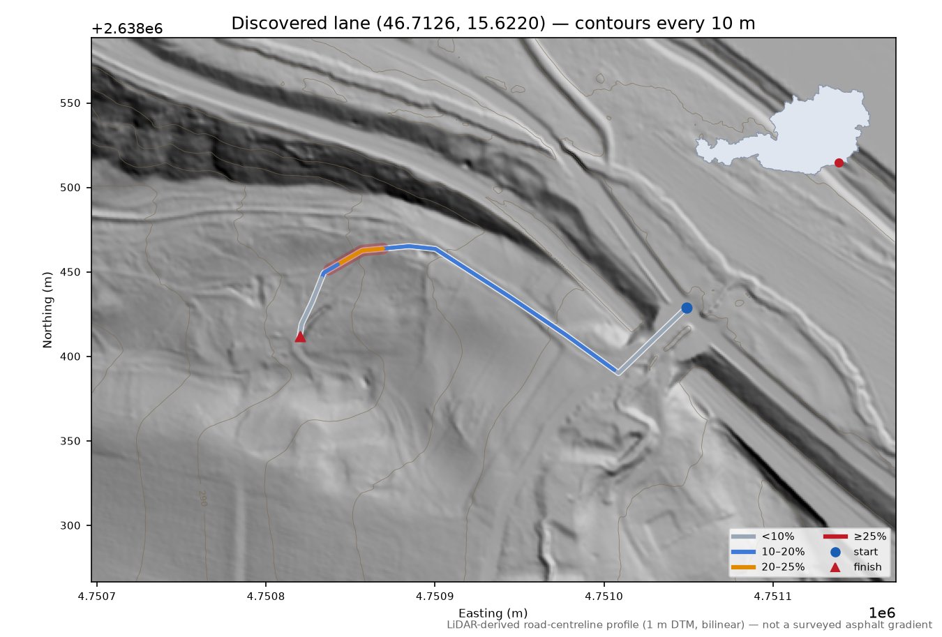 Discovered lane (46.7126, 15.6220) LiDAR hillshade map with contours