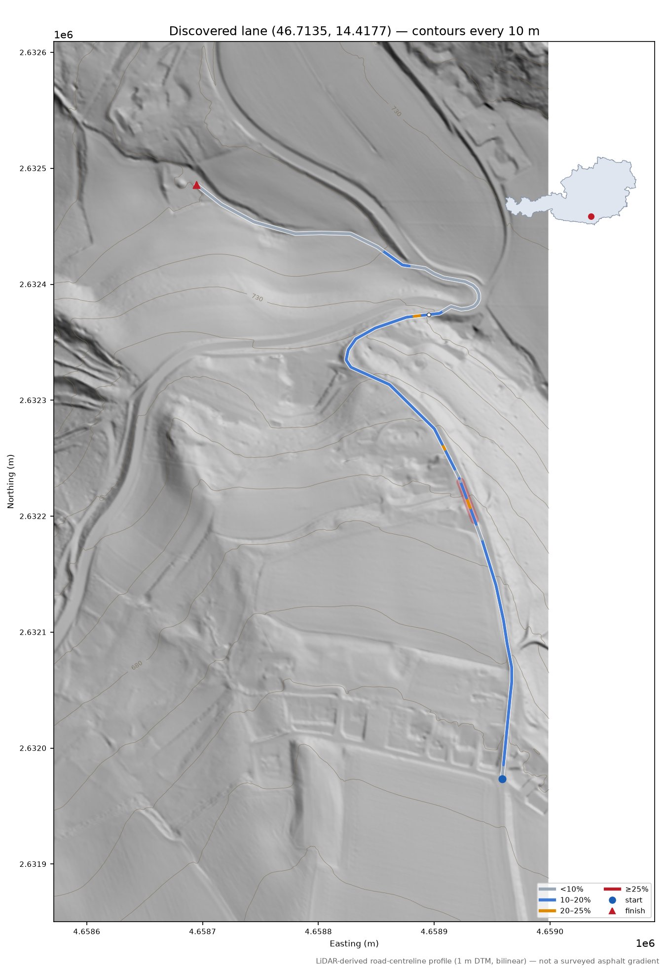 Discovered lane (46.7135, 14.4177) LiDAR hillshade map with contours