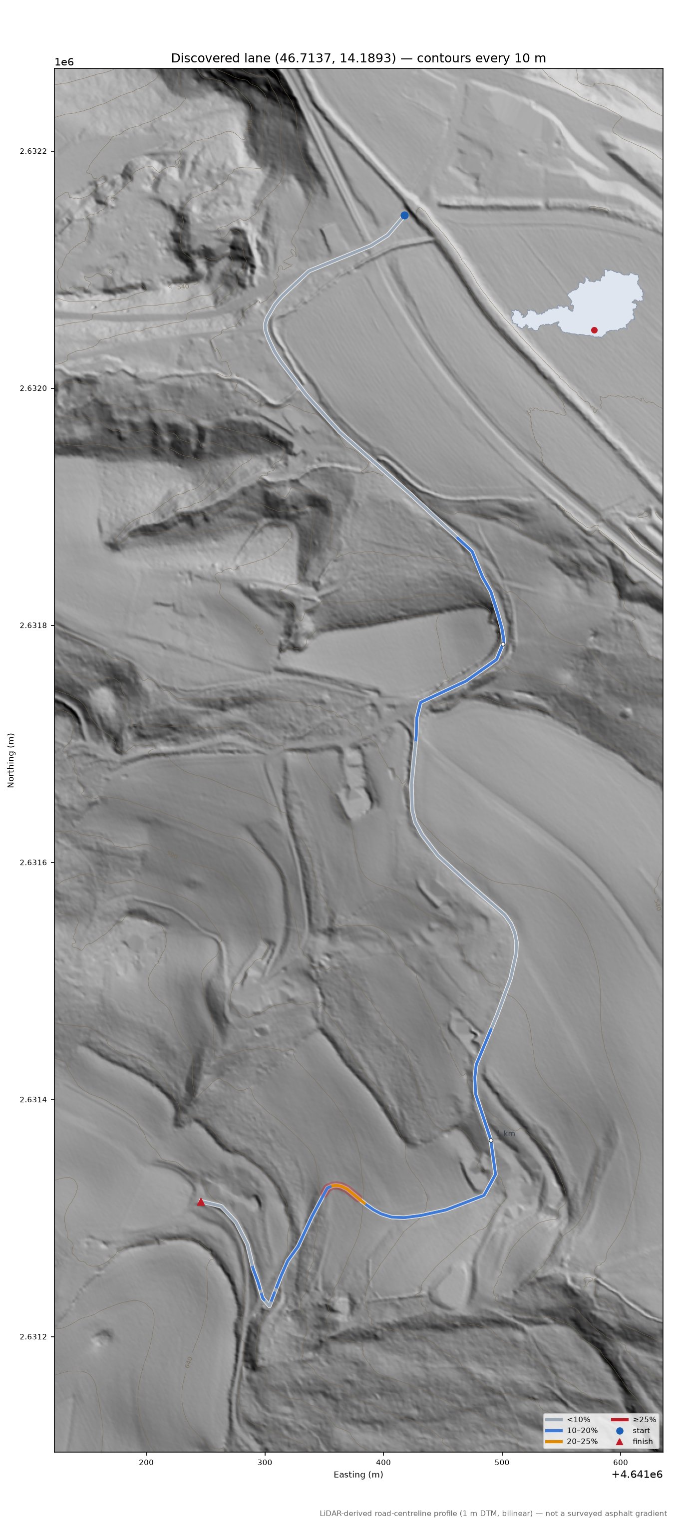 Discovered lane (46.7137, 14.1893) LiDAR hillshade map with contours