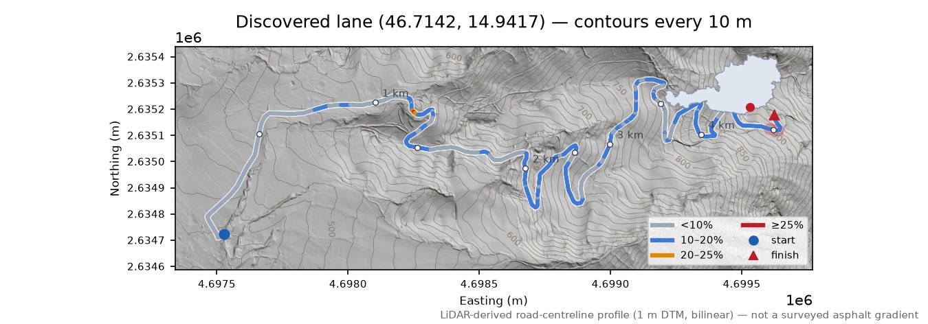 Discovered lane (46.7142, 14.9417) LiDAR hillshade map with contours