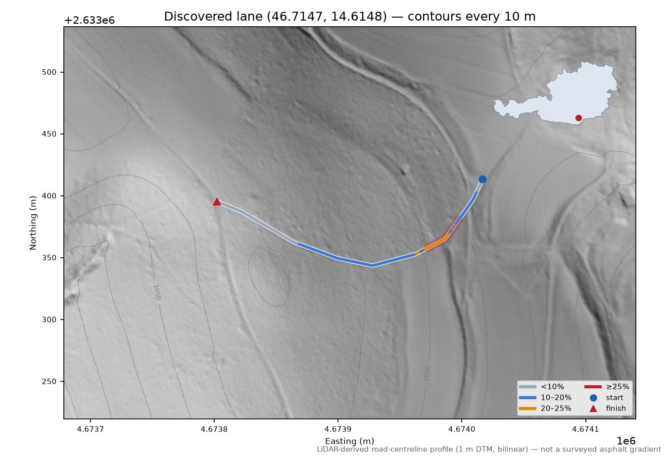 Discovered lane (46.7147, 14.6148) LiDAR hillshade map with contours