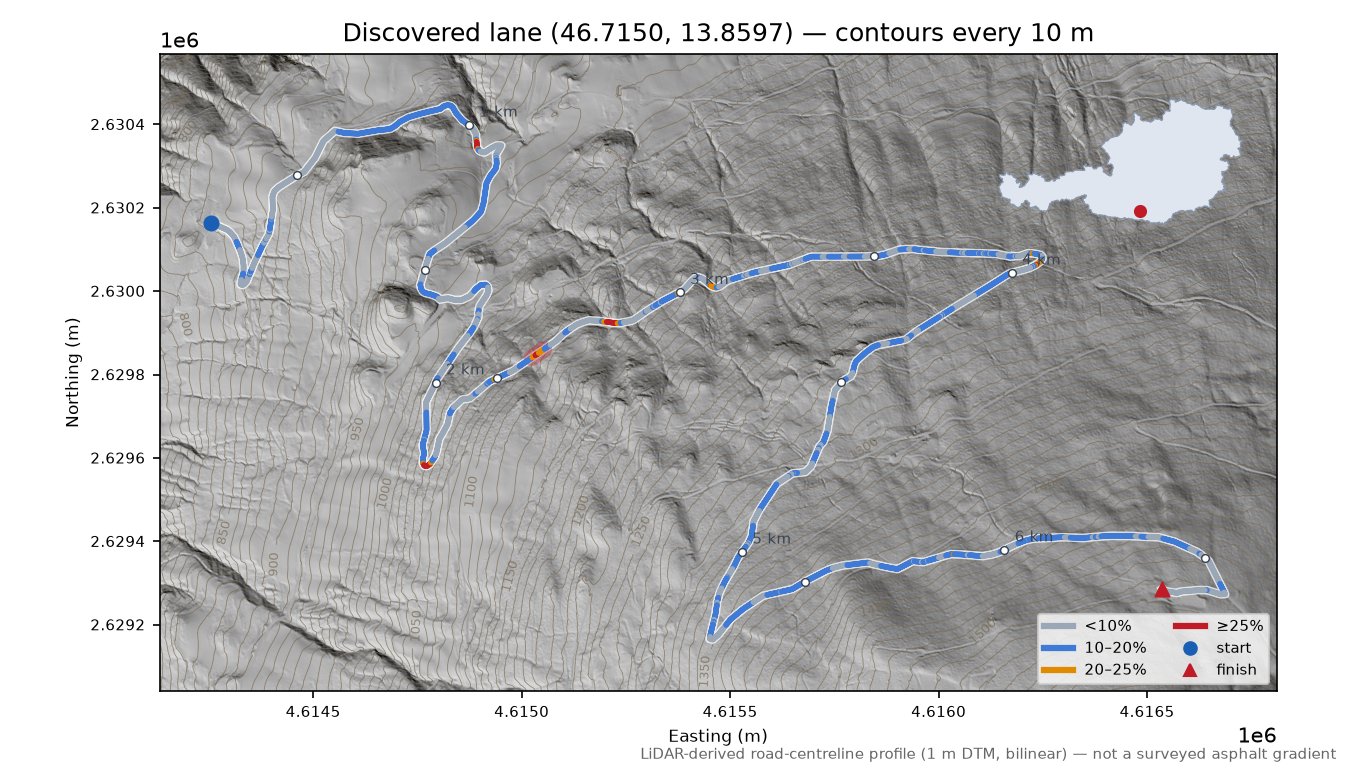 Discovered lane (46.7150, 13.8597) LiDAR hillshade map with contours