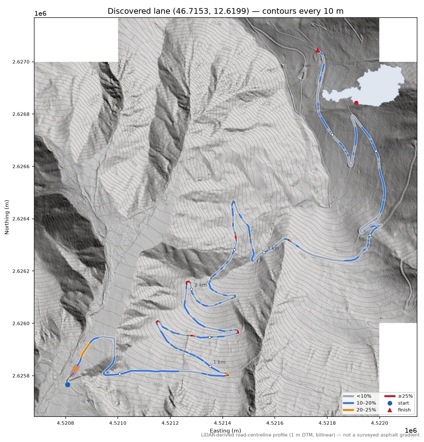 Discovered lane (46.7153, 12.6199) LiDAR hillshade map with contours